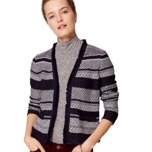 Ann Taylor Loft Womens Cardigan LP 100% Cotton‎ Shrug Blue Open Front Fringe